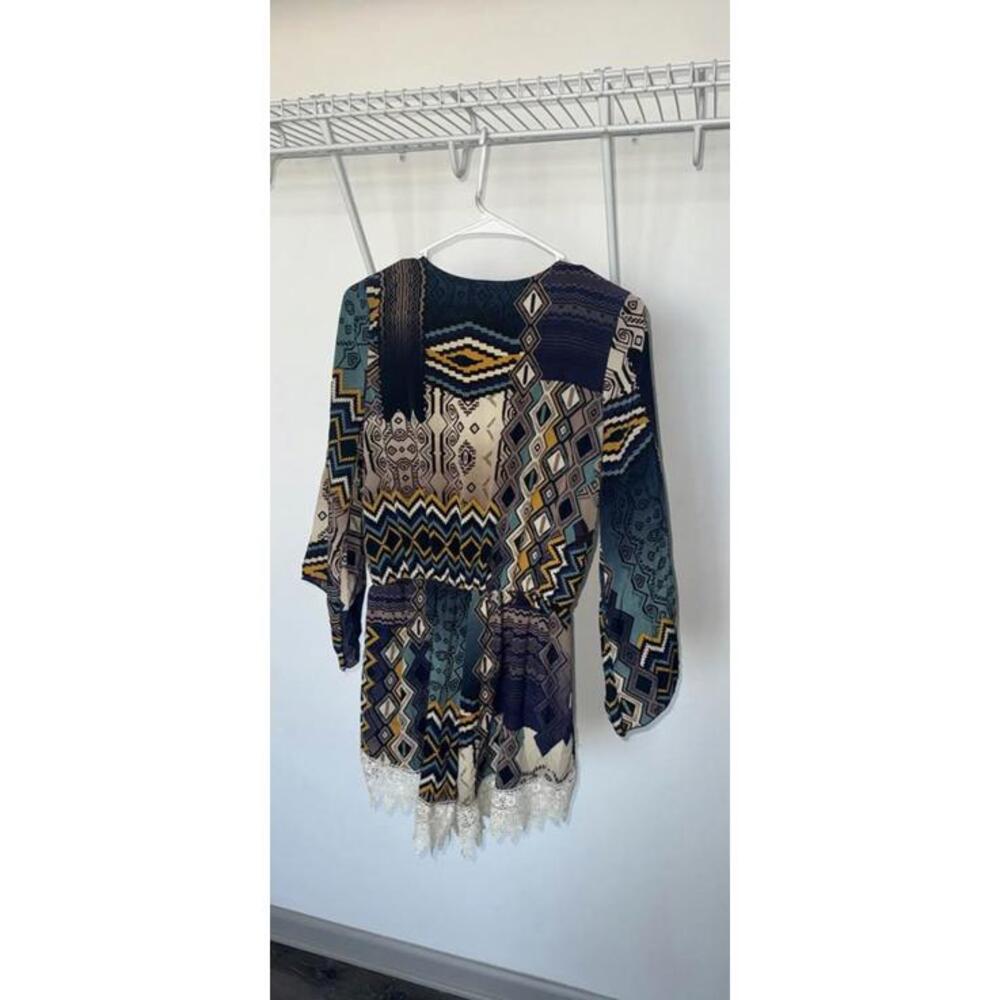 Blue S Geometric Tribal Print Lace Trim Romper Medium vintage - Picture 3 of 4